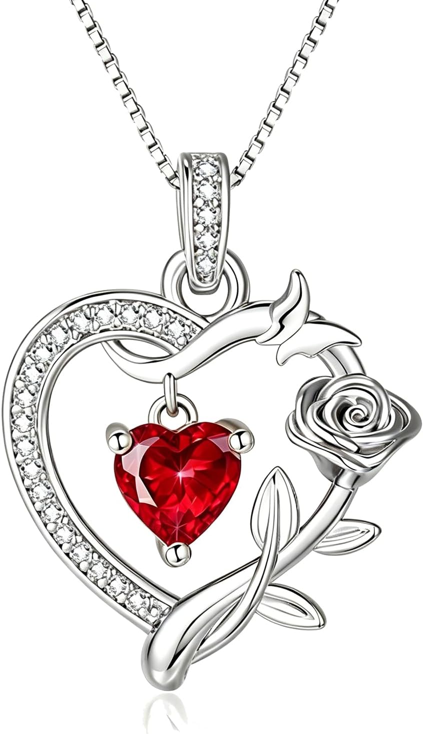 HeartMelody Heart Necklaces for Women Gold,14k 18K White Gold Plated Dainty Rose Butterfly Necklace with Garnet Birthstone Pendant Necklace Everyday Jewelry Birthday Christmas Gifts for Women Mom Her