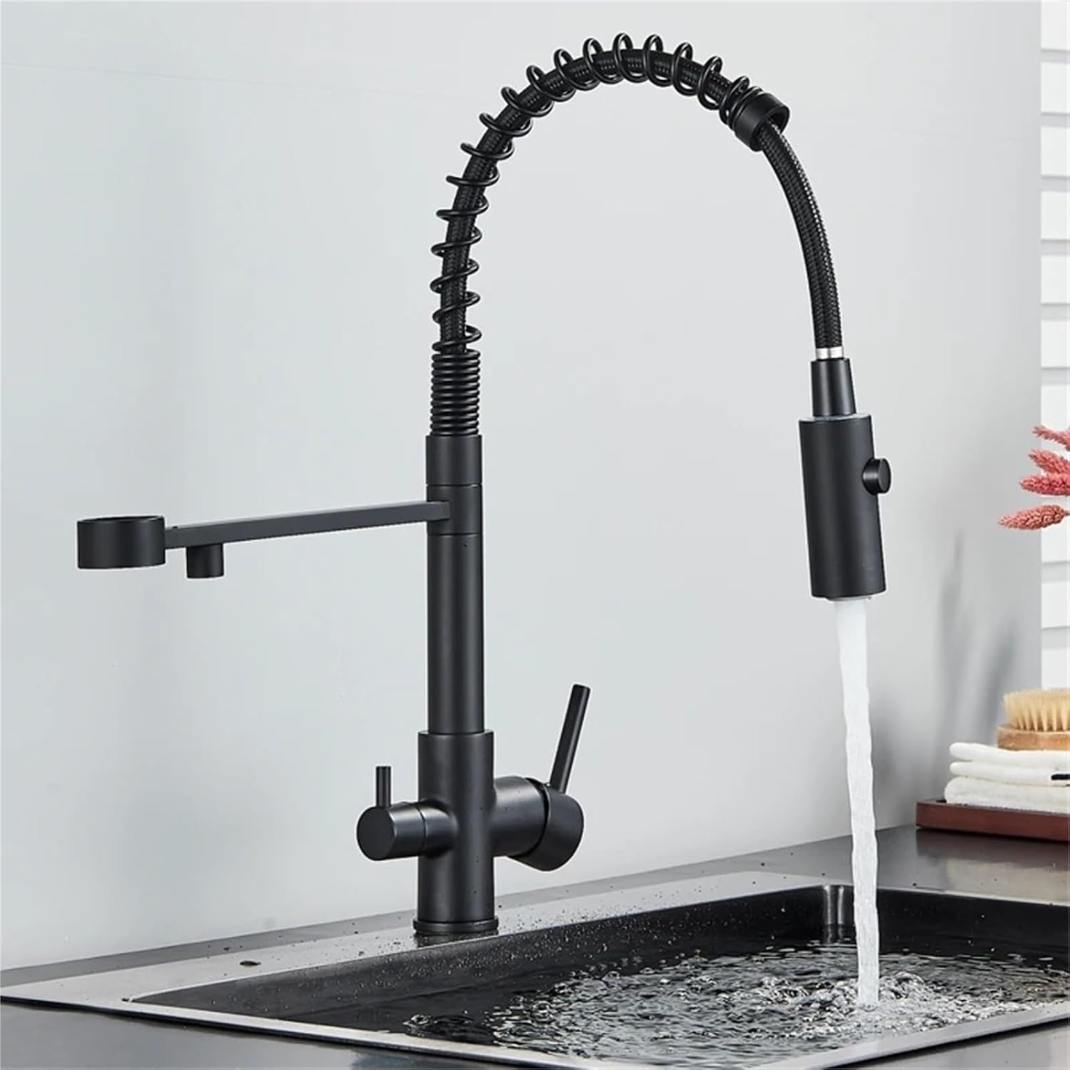 Filtered Kitchen Faucet Pure Drinking Water Brass Kitchen Tap Daul Spout Water Purifier Faucet(Matte Black)