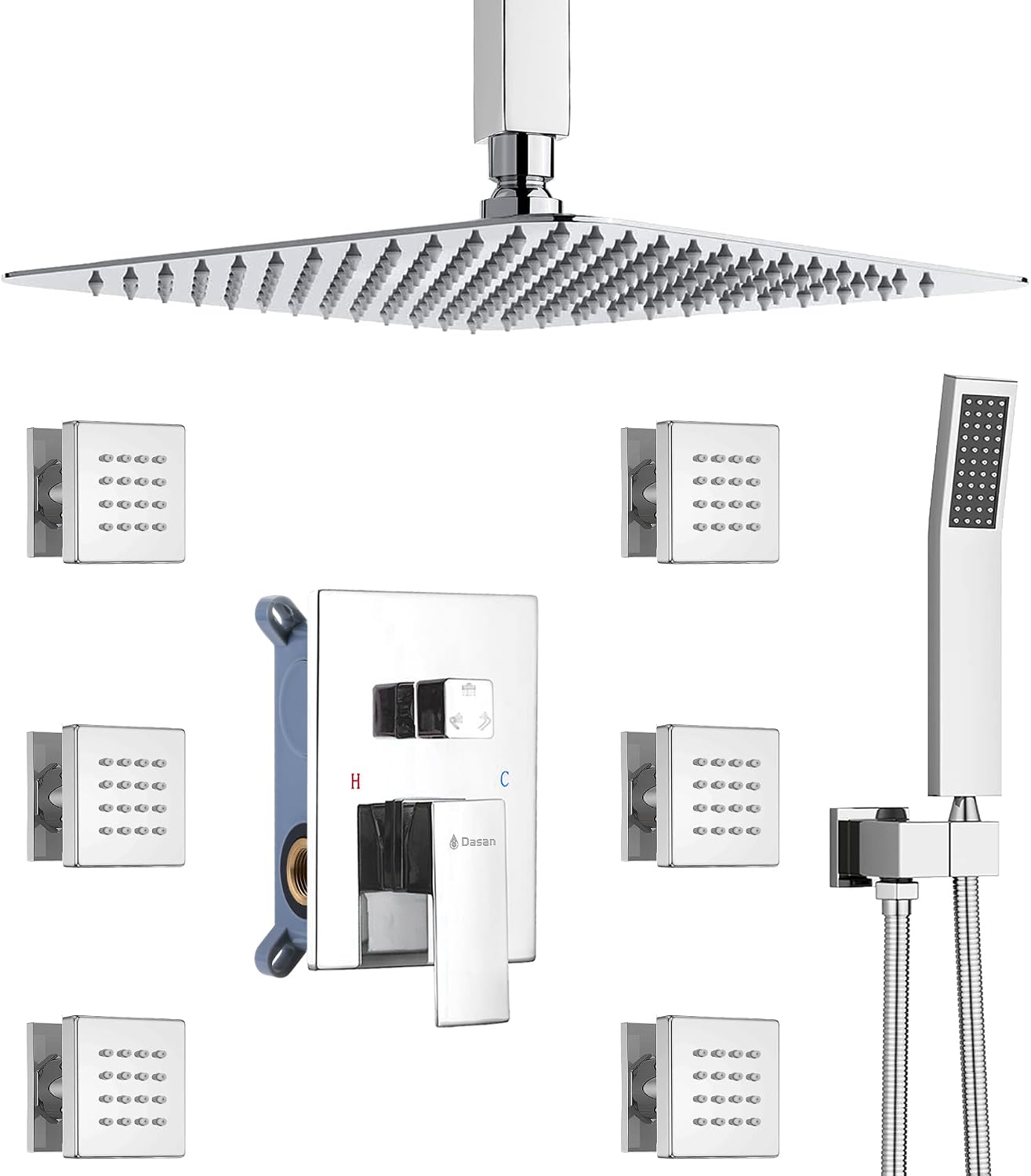 DASAN Full Body Shower System with 6 PCS Body Spray Jets & 12'' Rain Shower Head & Handheld, Ceiling Mount Rain Shower System Polished Chrome Shower Faucets Sets Complete with Valve, SA-SS03ACH-S12C