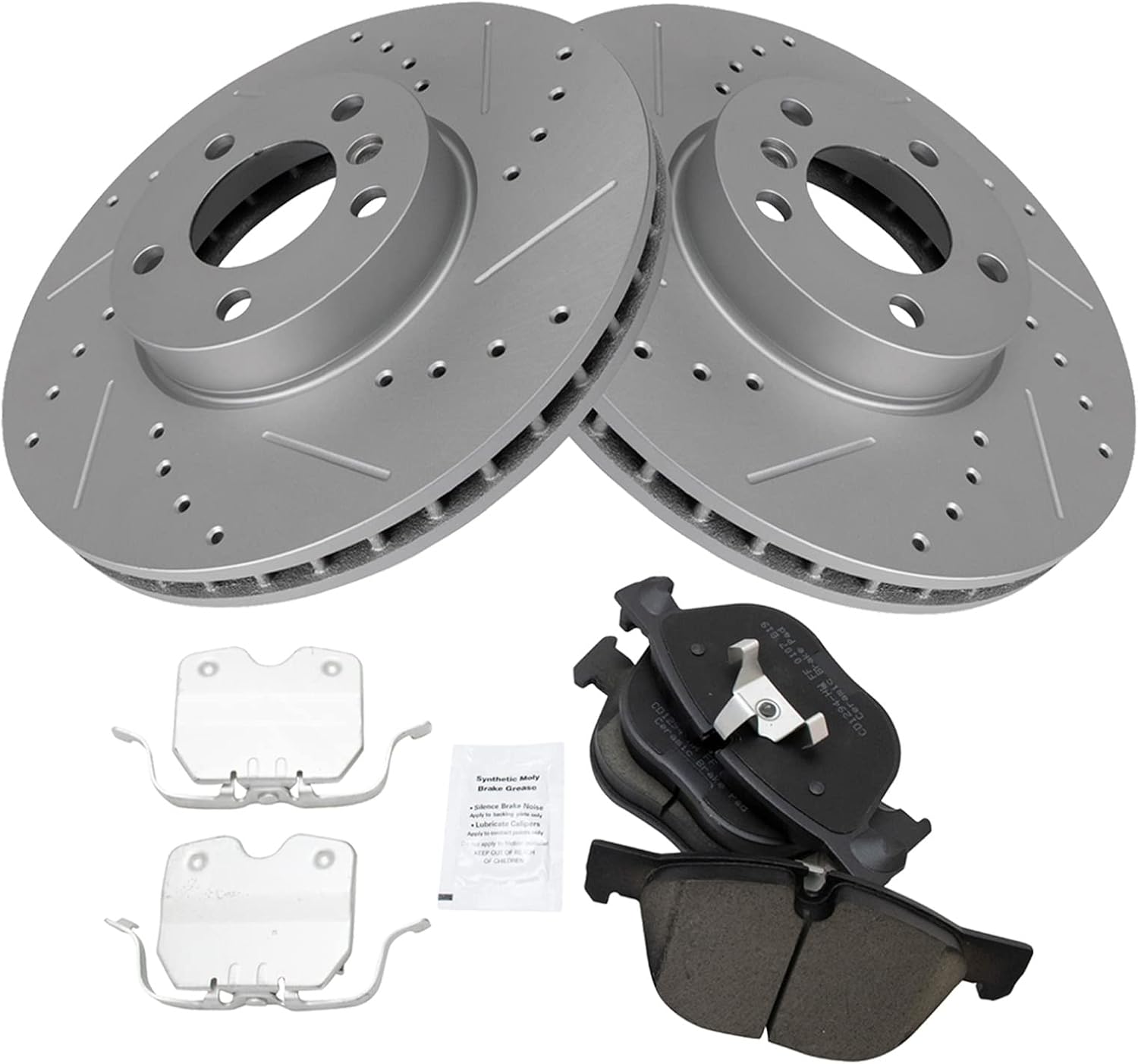 TRQ Performance Front Brake Pad and Rotor Set Ceramic G Coated Drilled Slotted Rotors Compatible with 2007-2018 BMW X5 2011-2019 X6