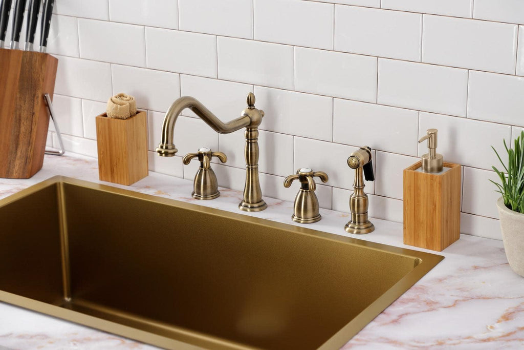 Kingston Brass KB1798TXBS French Country Widespread Kitchen Faucet with Brass Sprayer, Brushed Nickel