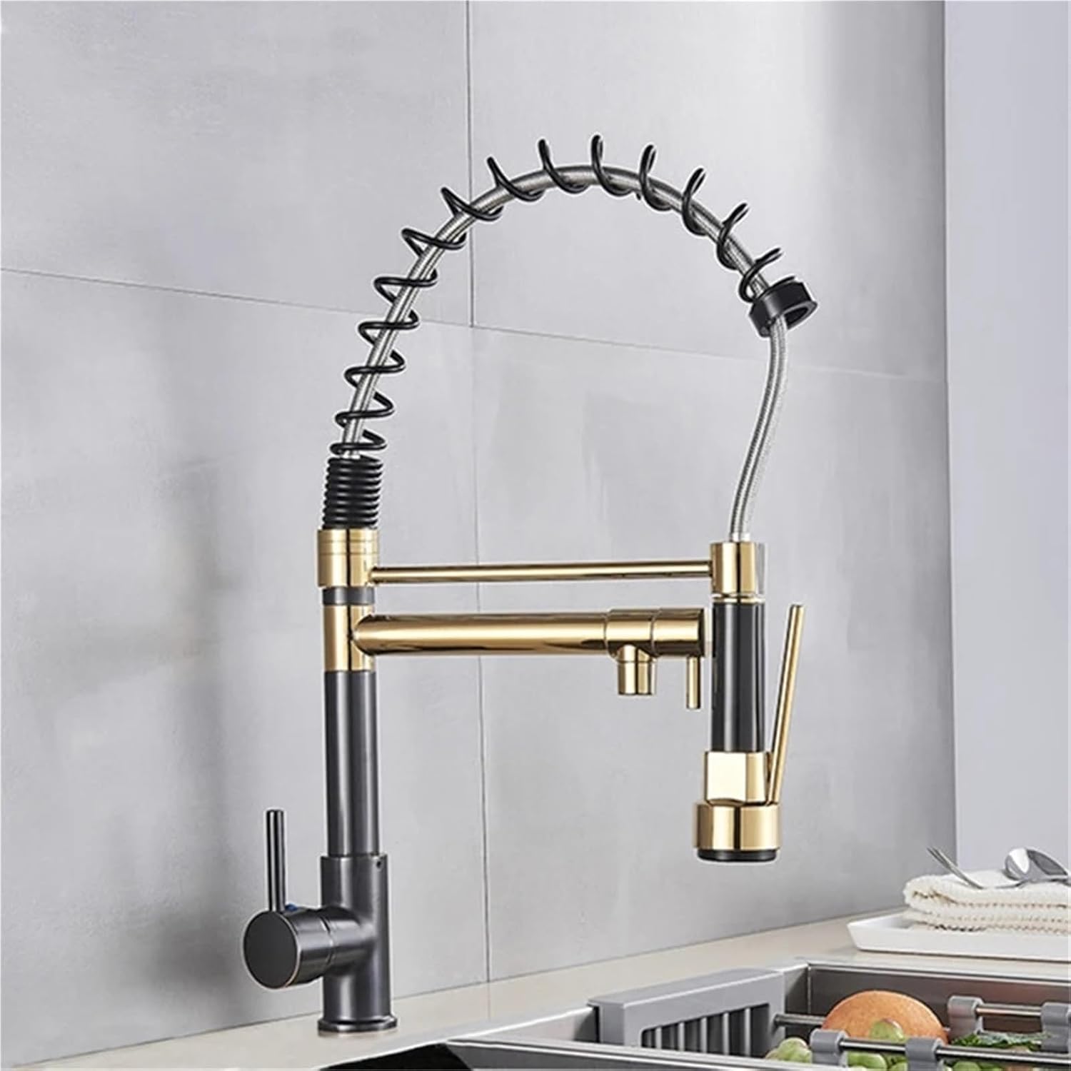 Kitchen Spring Faucet Pull Down Pull Out Dual Spouts 360 Rotation Cold and Hot Water Single Handle Mixer Tap(Golgden Long)
