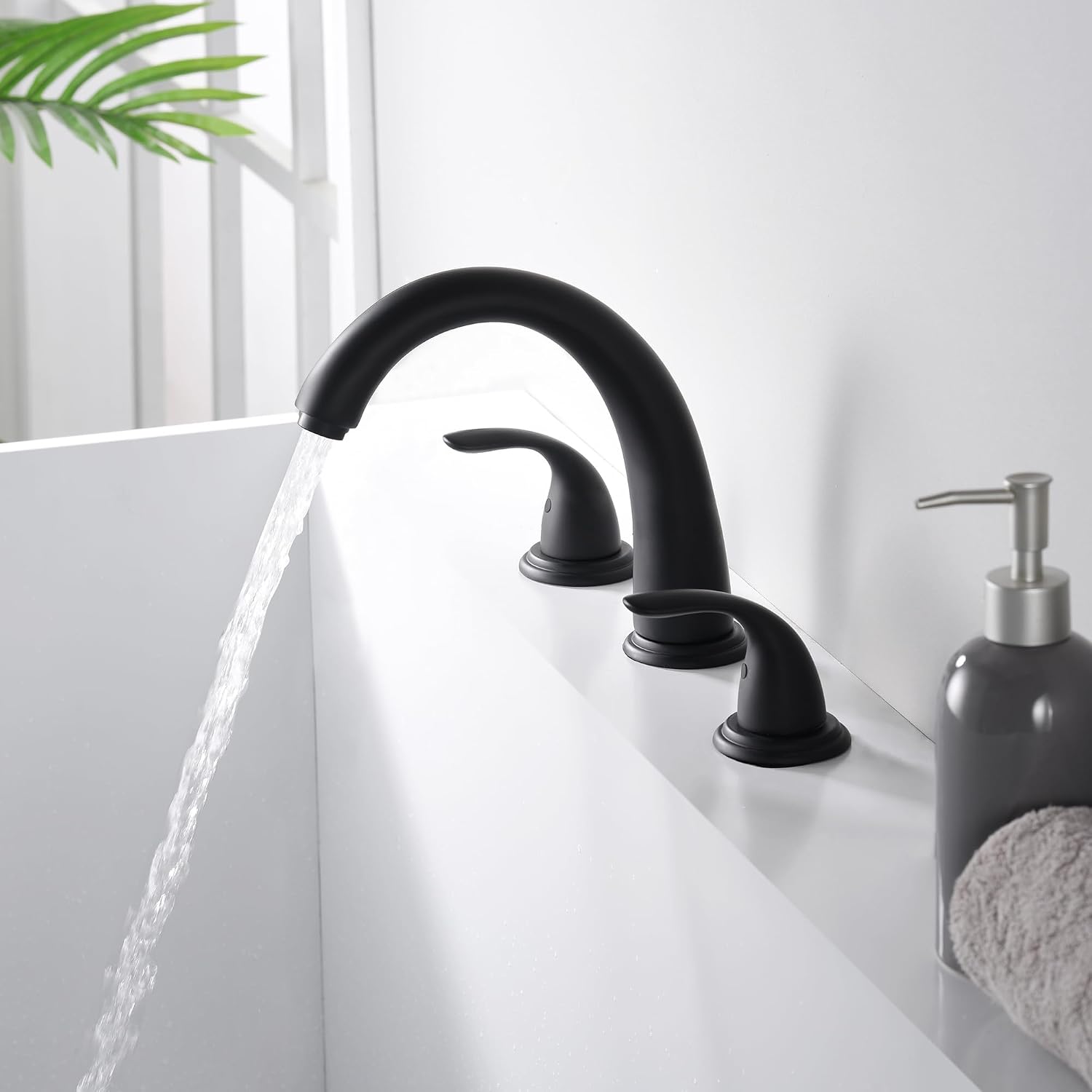 SUMERAIN Matte Black 3 Hole Deck Mounted Widespread Roman Tub Faucet Set with Valve, Classic