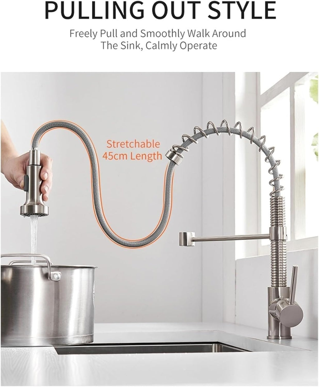 Brass Kitchen Faucet with Pull-Out Spring Spout-Single Lever Hot and Cold Water Mixer Tap(Chrome)