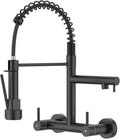 Wall Mount Kitchen Faucet with Pull Down Sprayer, 8 Inch Center Commercial Matte Black Kitchen Sink Faucet, 304 Stainless Steel 2 Handle Sink Faucet for Kitchen
