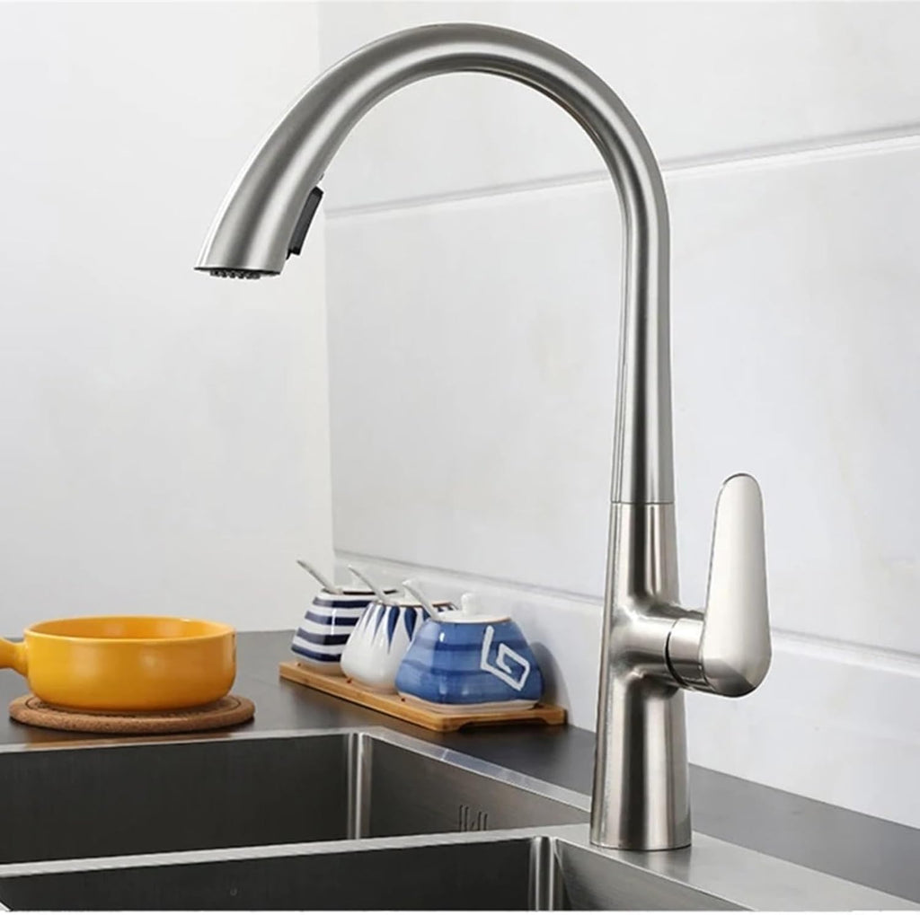 Kitchen Faucet Pull Out Tap Household Sink Washbasin Cold and Hot Water Mixer(Brushed)