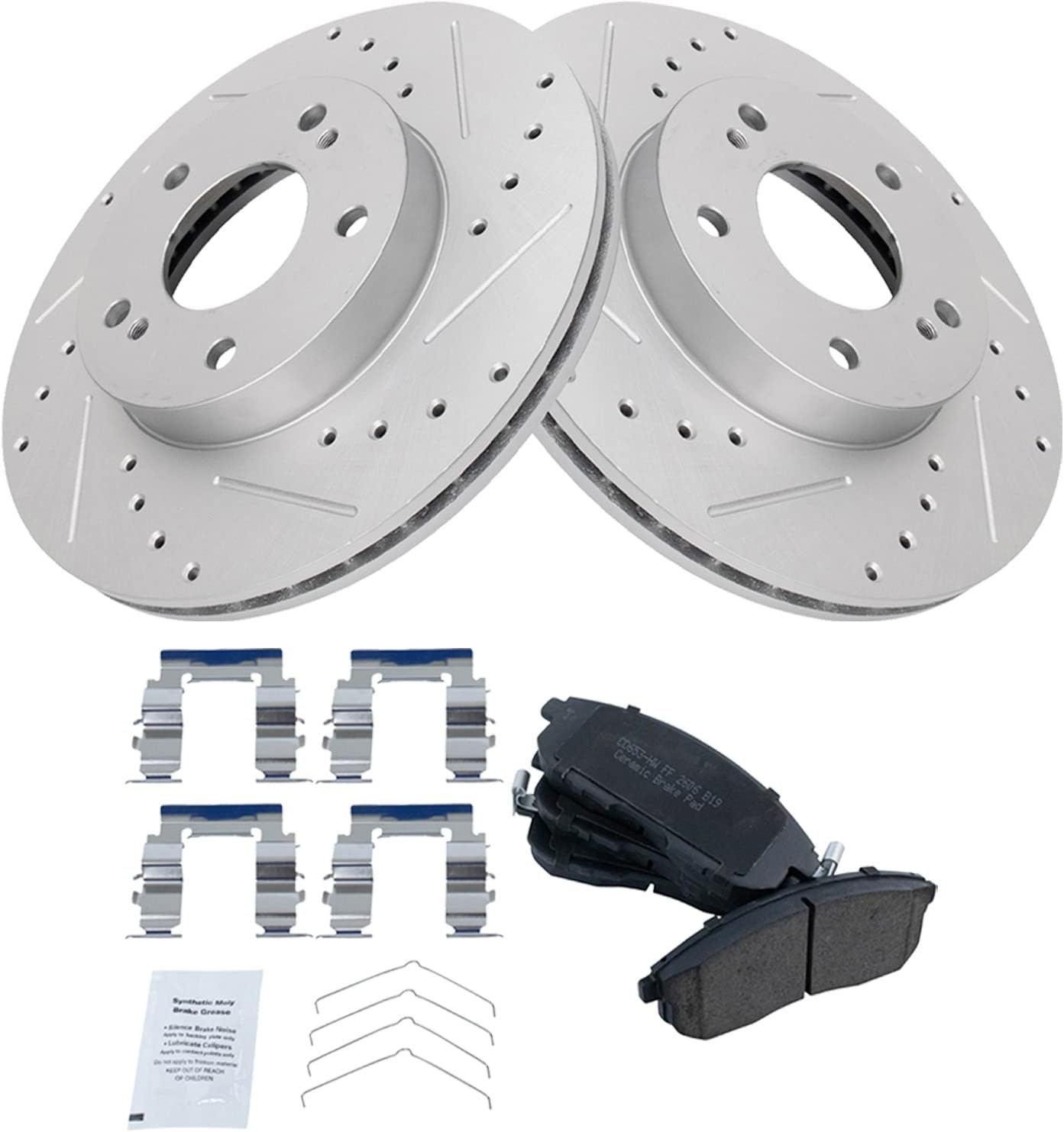 TRQ Performance Front Brake Pad and Rotor Set Ceramic Coated Drilled Slotted Rotors Compatible with 1996-1999 Infiniti I30 1989-1999 Nissan Maxima