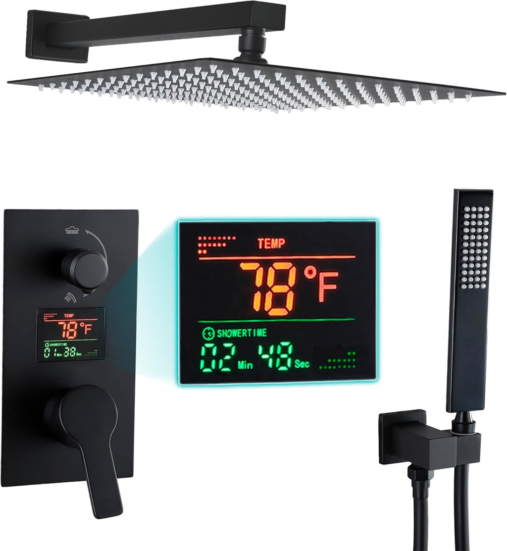 SKOWLL Matte Black Shower Faucet Set Modern Shower Temperature Digital Display, Black Bathroom Faucets Shower System, 12 Inch Shower Head and Faucet Set