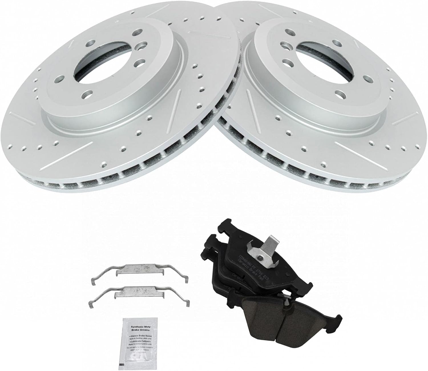 TRQ Performance Front Brake Pad and Rotor Set Ceramic Coated Drilled Slotted Vented Rotors Compatible with 2001-2006 BMW 330Ci 2001-2005 330i 330xi 2006-2008 Z4