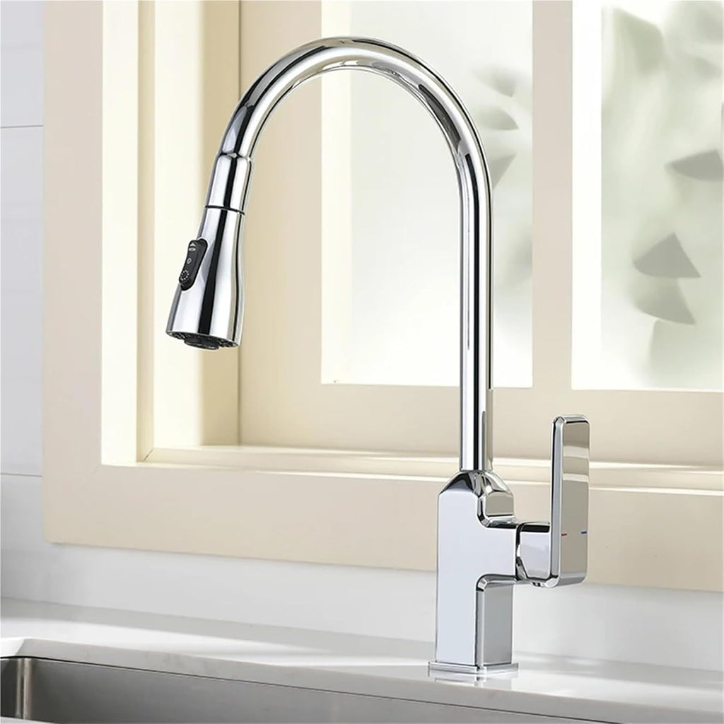 Kitchen Faucet Black Pull Out Deck Mounted 360 Rotation Brass Mixer Hot Cold Water Sink Taps(Chrome)