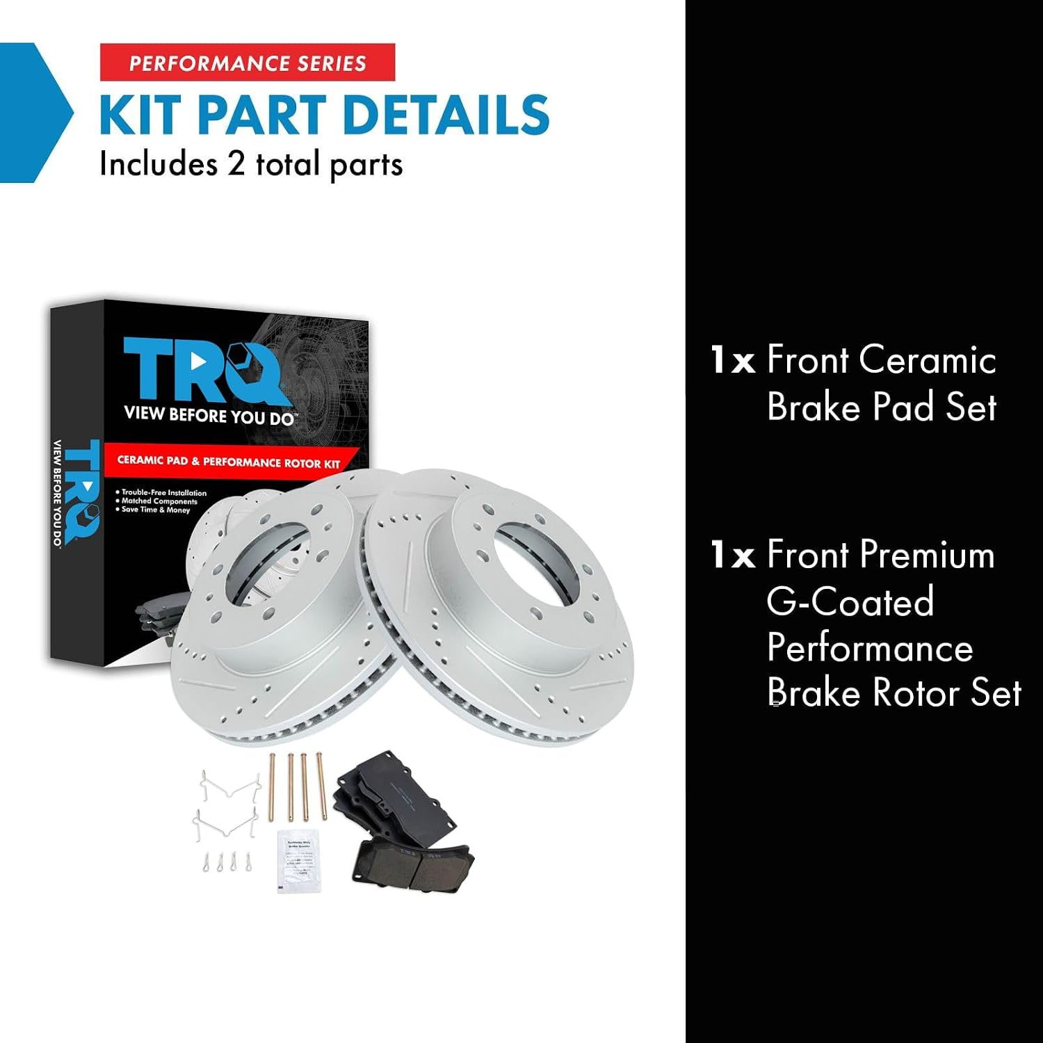 TRQ Performance Front Brake Pad and Rotor Set Ceramic G Coated Drilled Slotted Rotors Compatible with 2006-2010 Hummer H3 2009-2010 H3T