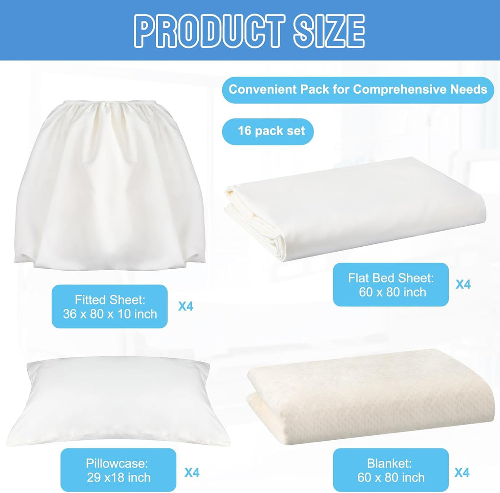 SmoothNovelty 16 Pcs Hospital Bed Sheets Set, Soft Knitted Standard Sheets Quality, Include Fitted Sheet, Quilt Cover, Pillow Case and Blanket (White)