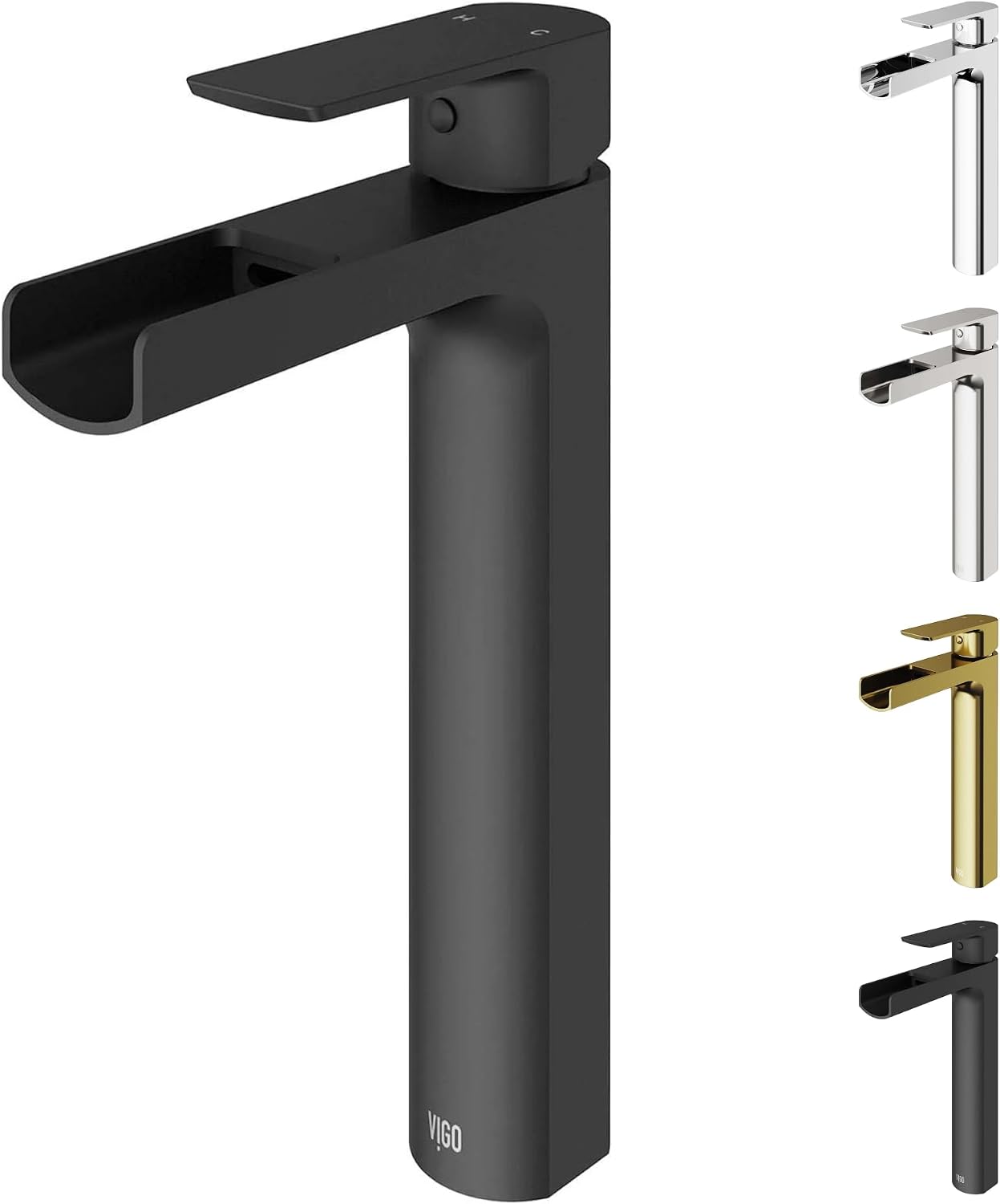VIGO Amada Waterfall Single-Handle Single-Hole Mount Vessel Bathroom Sink Faucet, 10-Inch, Matte Black, Modern Design, Solid Brass, 1.2 GPM WaterSense & Ceramic Disc Valve, Corrosion-Resistant