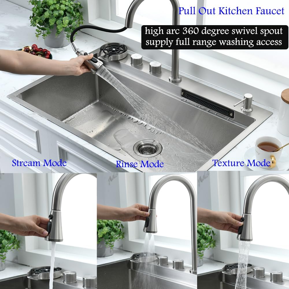 33 Inch Drop In Waterfall Kitchen Sink with Faucet Combo-Bokaiya 33x19 Drop In Sink with Cup Washer 16 Guage 10 Inch Deep Multifunctional Single Bowl Kitchen Sink Set
