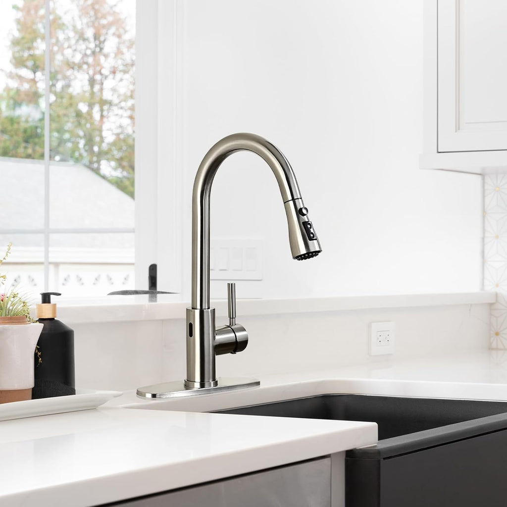 Arofa Touchless Bathroom Faucets, Kitchen Faucet with Pull Down Sprayer, Single Handle Smart Motion Sensor Kitchen Sink Faucet, Stainless Steel Faucet for Kitchen Sink, Brushed Nickel