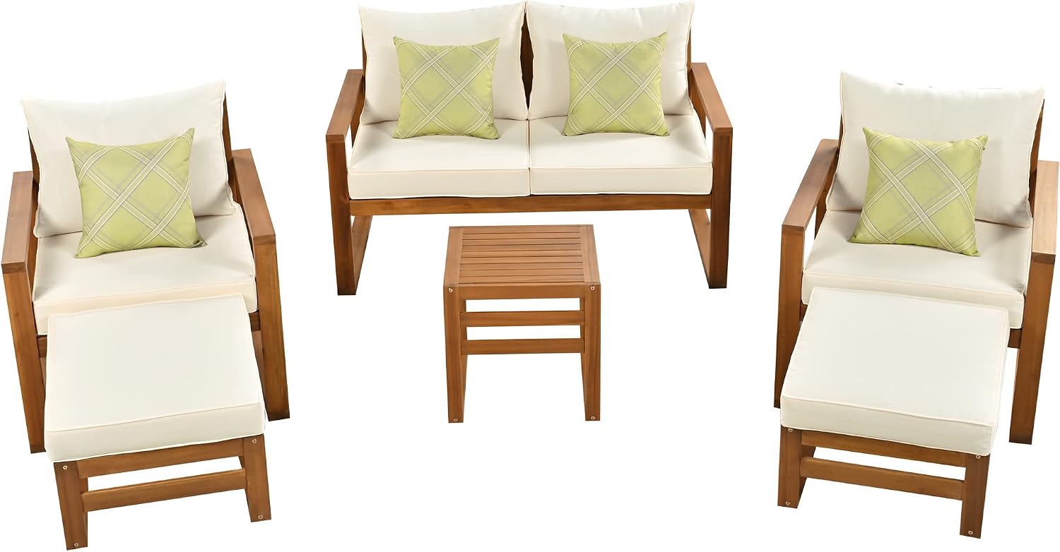 Outdoor Acacia Wood 6-Piece Conversation, Sunroom Furniture Indoor Sectional Garden Seating Groups Chat Set with Ottomans and Cushions, 4 Throw Pillows, for Balcony Backyard Porch (Beige-0H)