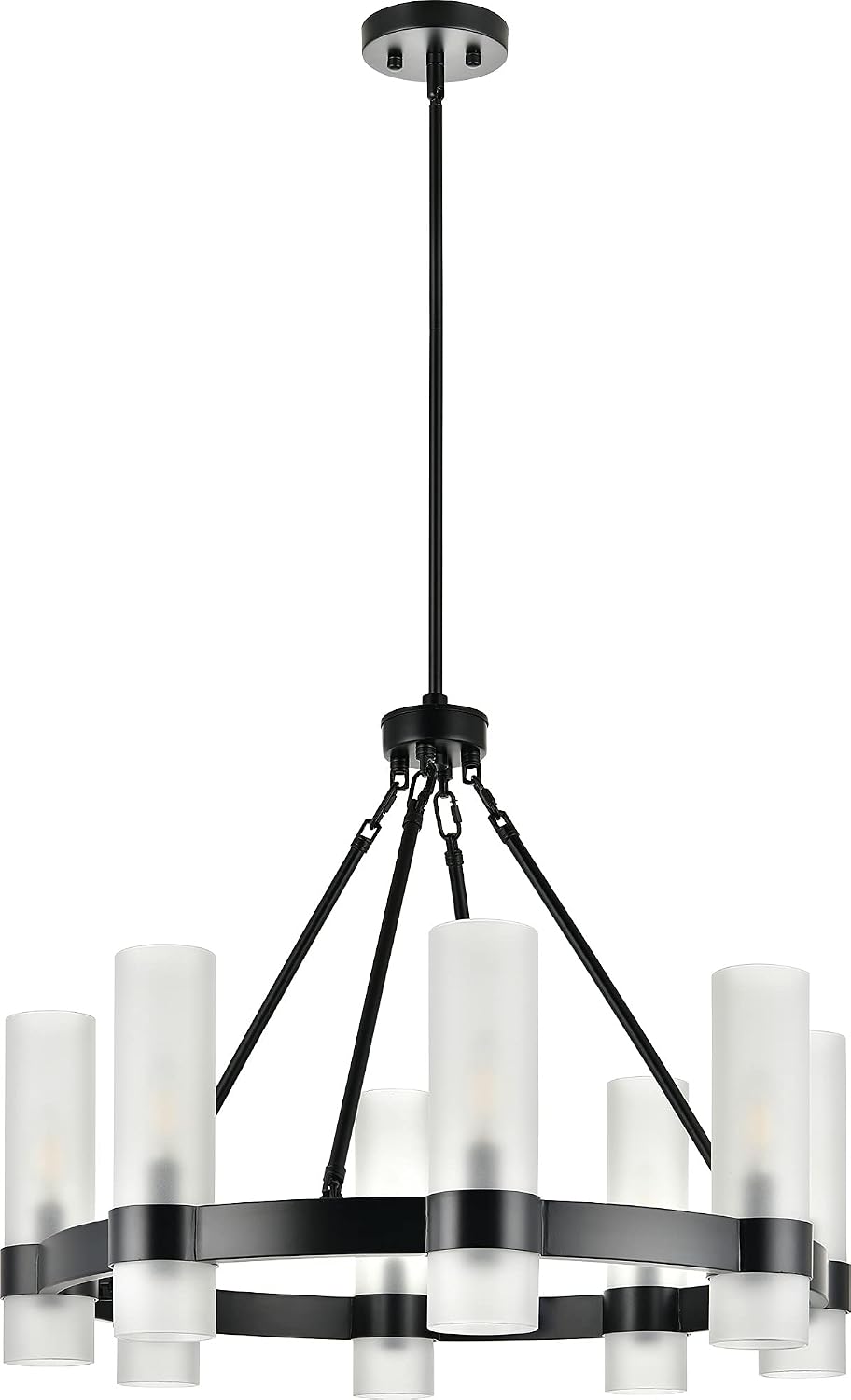 Linea di Liara Teramo Matte Black Chandelier Dining Room Light Fixture Small Wagon Wheel Chandelier Round Industrial Modern Farmhouse Chandeliers for Dining Room Foyer, Frosted Glass, UL Listed