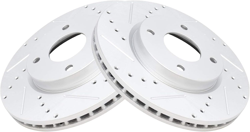 TRQ Performance Front Brake Pad and Rotor Set Ceramic Drilled Slotted Coated Vented Rotors Compatible with 2009-2014 Nissan Cube 2007-2012 Sentra 2007-2012 Versa
