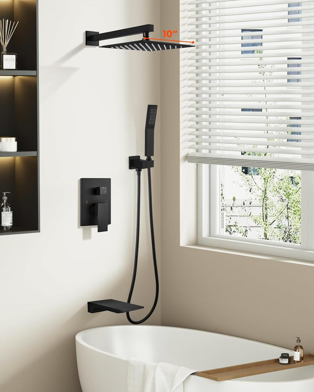 gotonovo Shower System with Tub Spout,Waterfall Tub Shower Faucet Set for Bathroom Head and Handle Set Wall Mounted 3 Function Rough-in Valve and Trim Included 10 inch Shower Head Matte Black