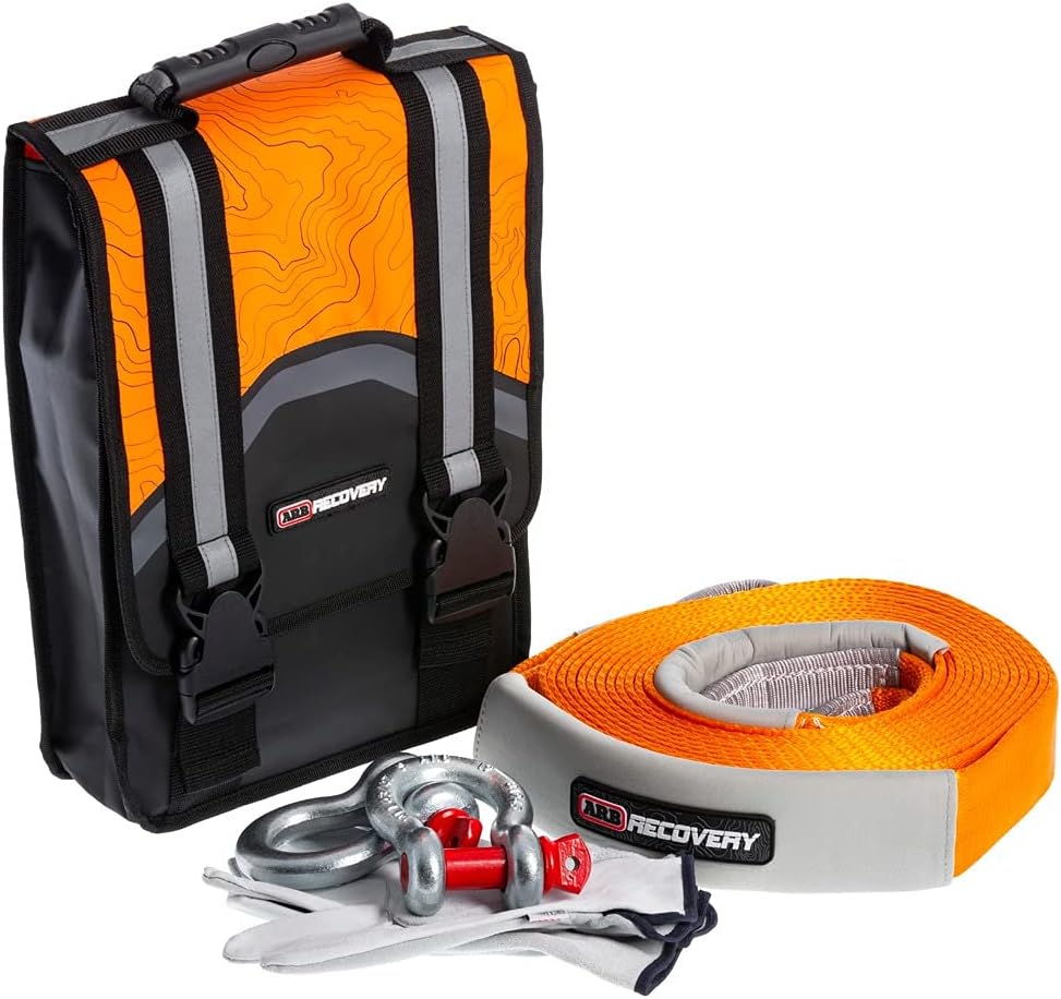 ARB RK12A Weekender Recovery Offroad Accessory Kit for Stuck Vehicles with Snatch Tow Strap 17500 Lb + 2 D-Ring Shackles (4.75 ton) + 2 Premium Recovery Leather Gloves+ Hi-Vis Orange Organizer Bag