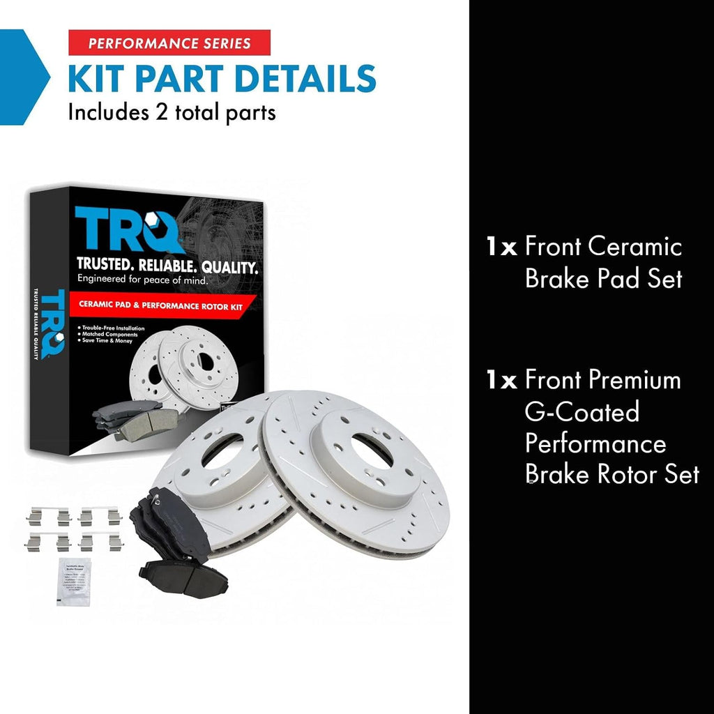 TRQ Performance Front Brake Pad and Rotor Set Ceramic Coated Drilled Slotted Vented Rotors Compatible with 03-17 Honda Accord 03-11 Element 13-15 Acura ILX 13-15 Civic 2014 Fit 2016 CR-Z