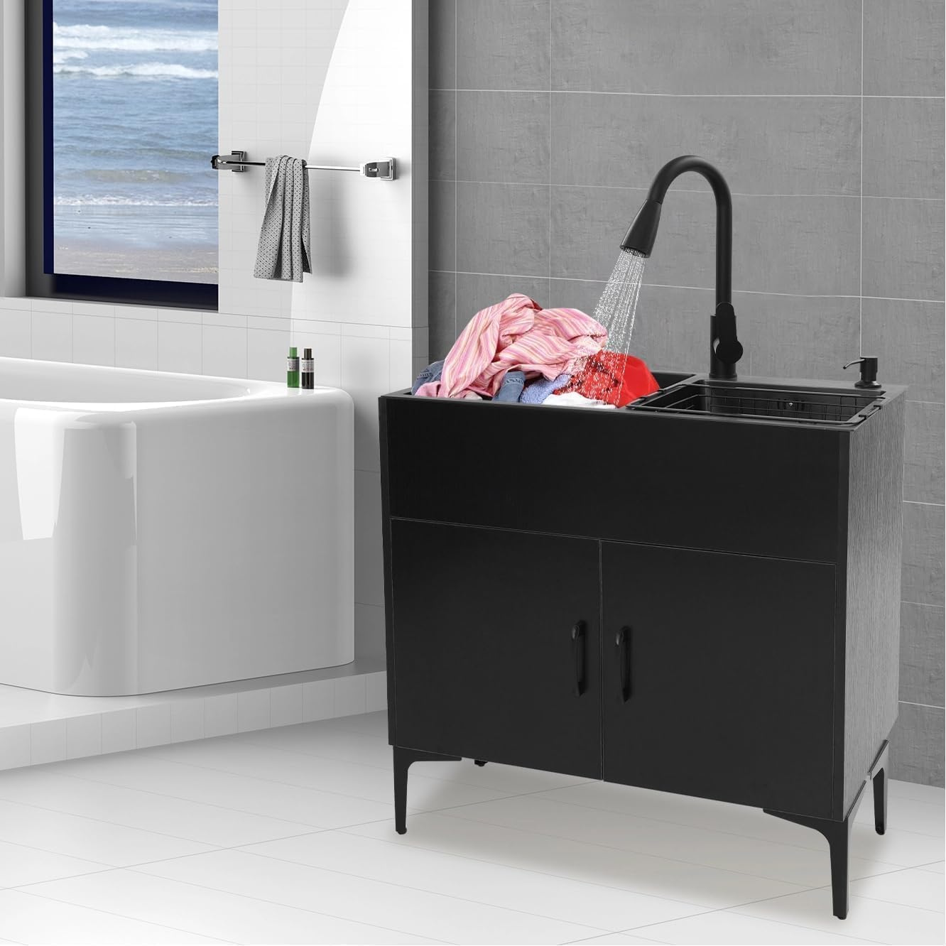30-Inch Laundry Sink with Cabinet and Pull-Out Sprayer Fauce, Freestanding Kitchen Sink Cabinet w/Stainless Steel Double Sink & Draining Basket, Wash Station Tub for Laundry & Utility Room, Bathroom