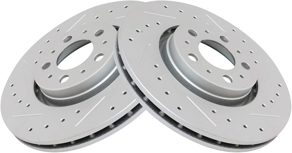 TRQ Performance Front Brake Pad and Rotor Kit Ceramic Slotted Drilled G-Coated Compatible with 2003-2013 Volvo XC90