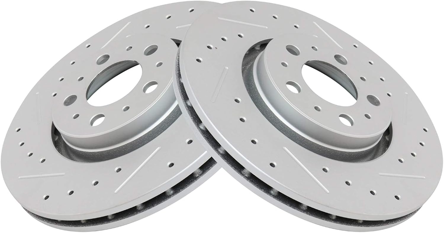 TRQ Performance Front Brake Pad and Rotor Kit Ceramic Slotted Drilled G-Coated Compatible with 2003-2013 Volvo XC90