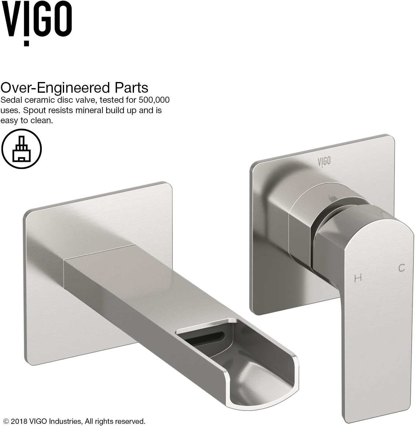 VIGO Atticus Waterfall Single-Handle Two-Hole Wall Mount Bathroom Sink Faucet, Brushed Nickel, Modern Design, Solid Brass, 1.2 GPM WaterSense & Ceramic Disc Valve, Corrosion-Resistant