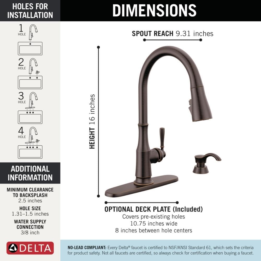 Delta Capertee Oil Rubbed Bronze Kitchen Faucet with Pull Down Sprayer and Soap Dispenser, Modern Single Hole Kitchen Sink Faucet, Single Handle, Venetian Bronze 19877Z-RBSD-DST