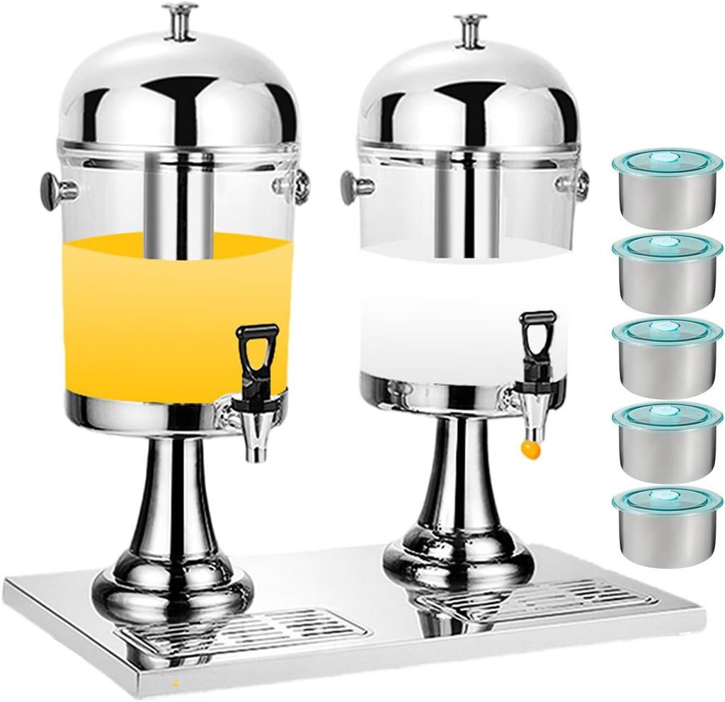 Commercial Juice Dispensers with Tap - Self-Service Beverage Dispenser Double Cold Drink Dispenser with Ice Container - Hot and Cold Dual-Purpose - 2 Bucket,go，Silver