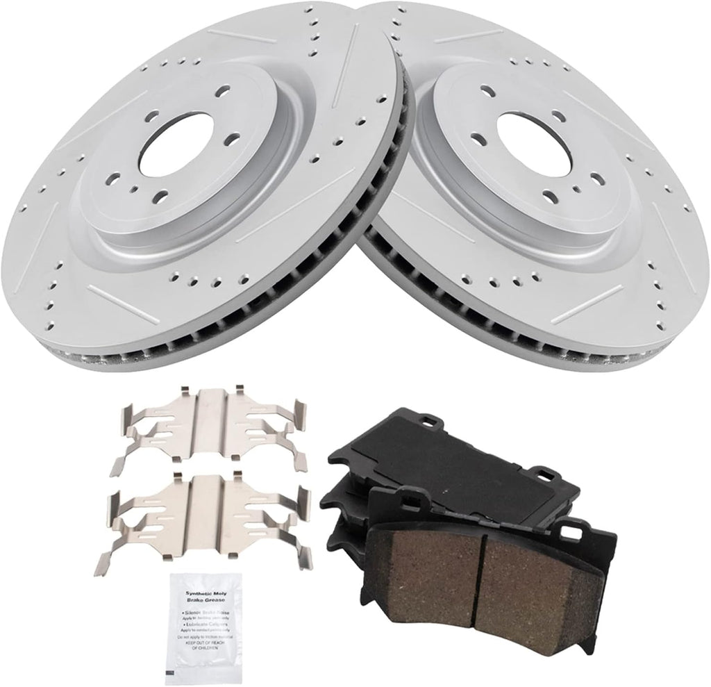 TRQ Performance Front Brake Pad and Rotor Set Ceramic Coated Compatible with 08-13 Infiniti G37 09-13 FX50 11-13 M37 M56 14-19 Q50 Q70 14-15 Q60 15-16 Q70L 2014 QX70 09-20 Nissan 370Z