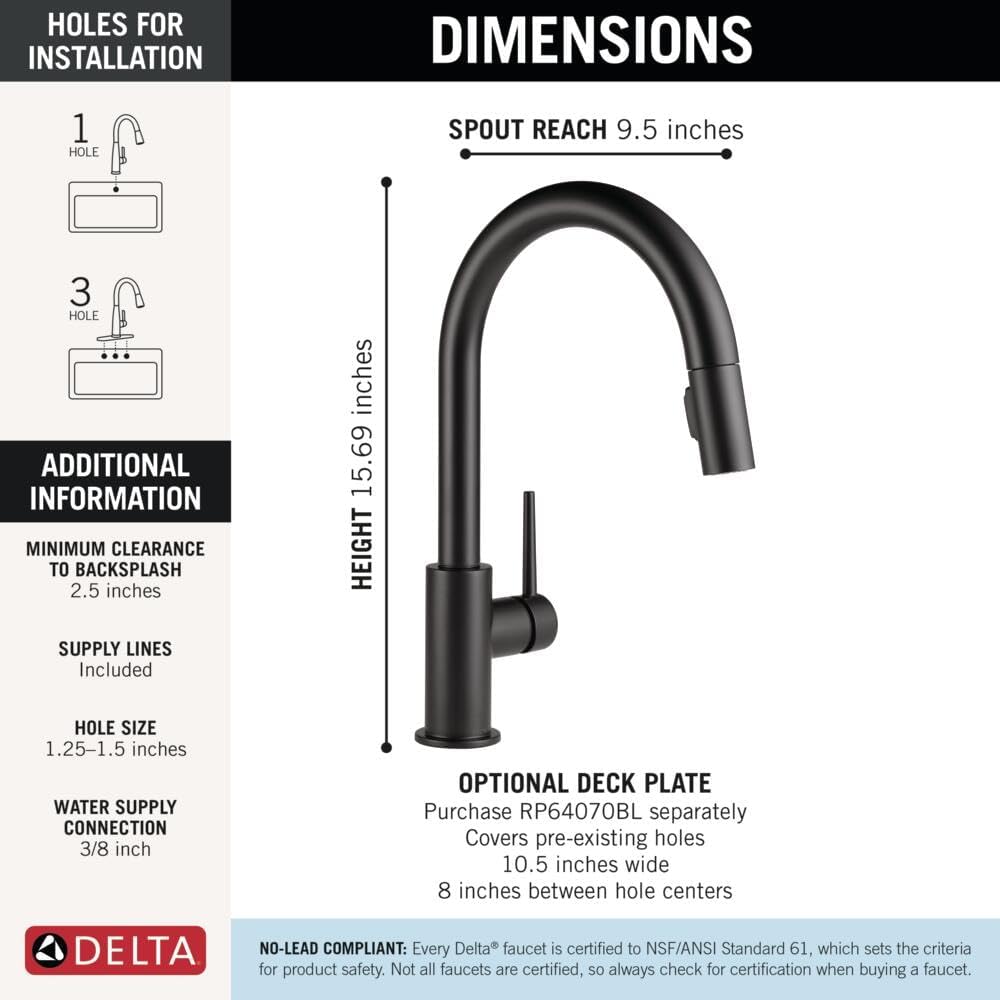 Delta Trinsic Matte Black Kitchen Faucet with Pull Down Sprayer, Modern Single Hole Kitchen Sink Faucet, Single Handle, Matte Black 9159-BL-DST