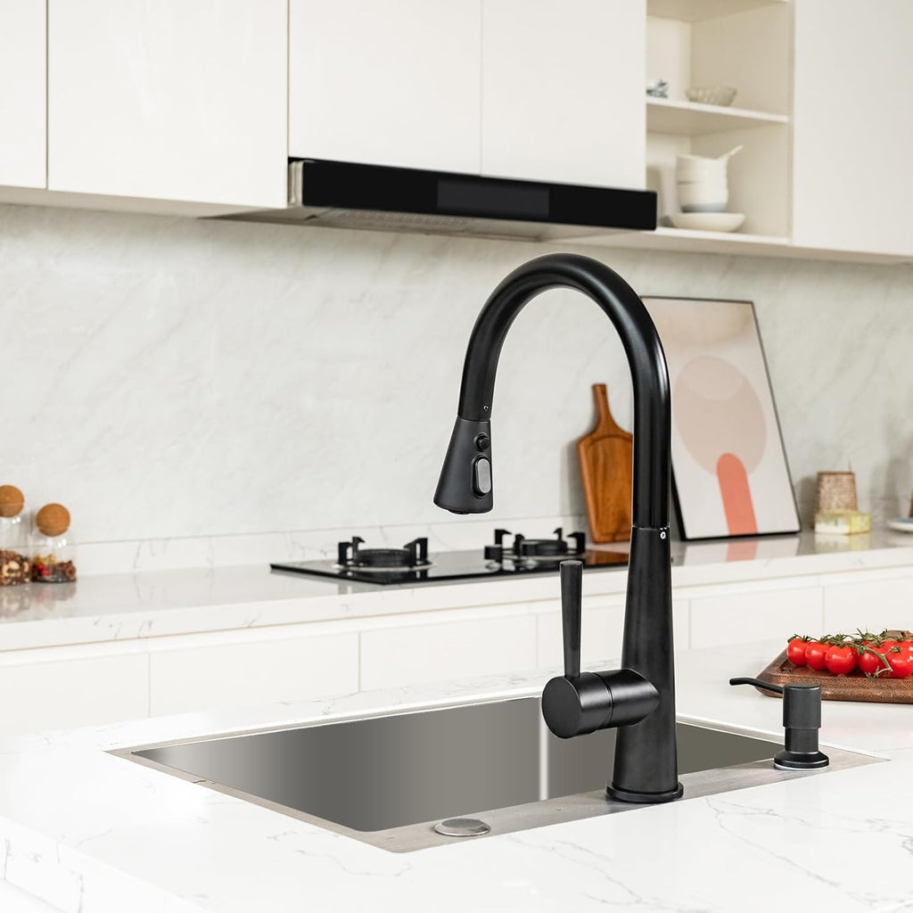 Matte Black Kitchen Faucet with Pull Down Sprayer, Lava Odoro Single Handle Kitchen Sink Faucet, Black Single Hole Kitchen Faucet with Magnetic Docking Spray Head and Deck Plate, KF321-MB