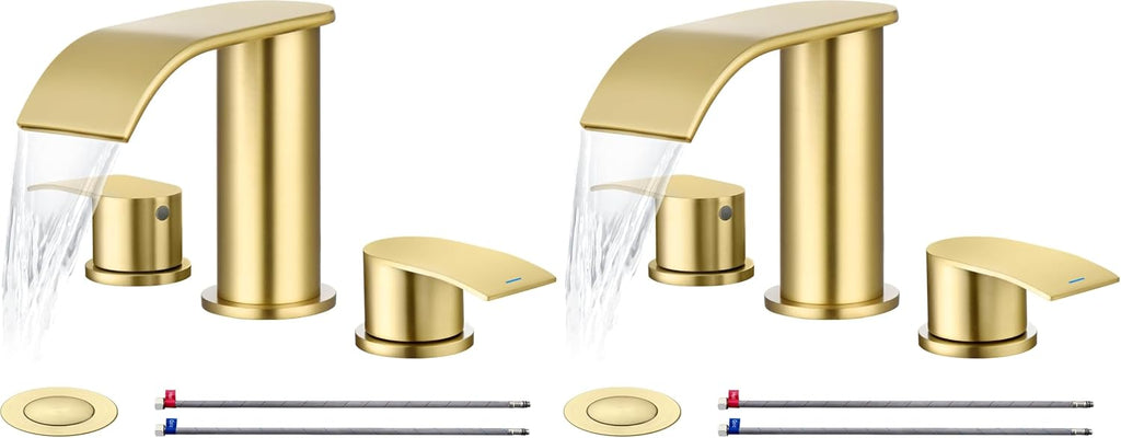 Ultimate Unicorn 8 inch Bathroom Faucet Brushed Gold, Waterfall Bathroom Faucet with Metal Pop-up Sink Drain Stopper and 2 Supply Hoses,2 Handle Widespread Faucets for Vanity Sink 3 Holes (Pack of 2)