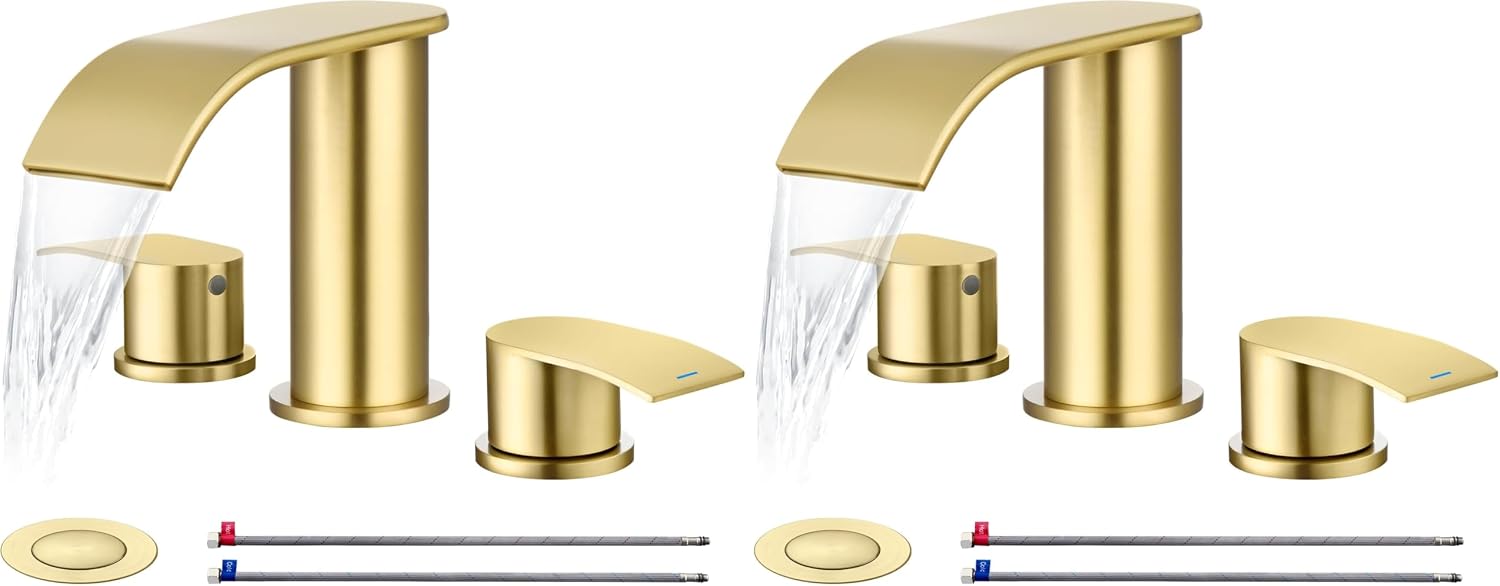 Ultimate Unicorn 8 inch Bathroom Faucet Brushed Gold, Waterfall Bathroom Faucet with Metal Pop-up Sink Drain Stopper and 2 Supply Hoses,2 Handle Widespread Faucets for Vanity Sink 3 Holes (Pack of 2)