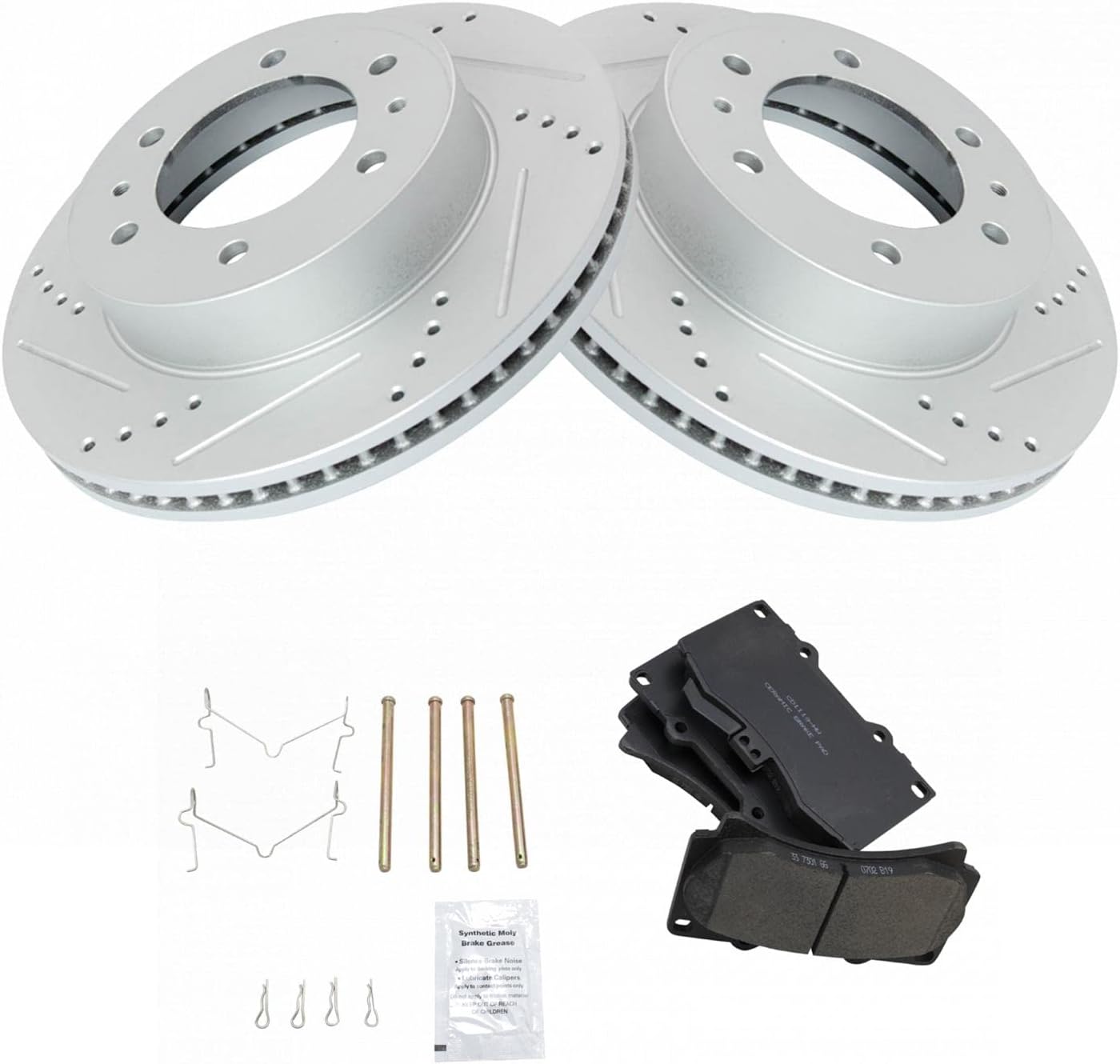 TRQ Performance Front Brake Pad and Rotor Set Ceramic G Coated Drilled Slotted Rotors Compatible with 2006-2010 Hummer H3 2009-2010 H3T