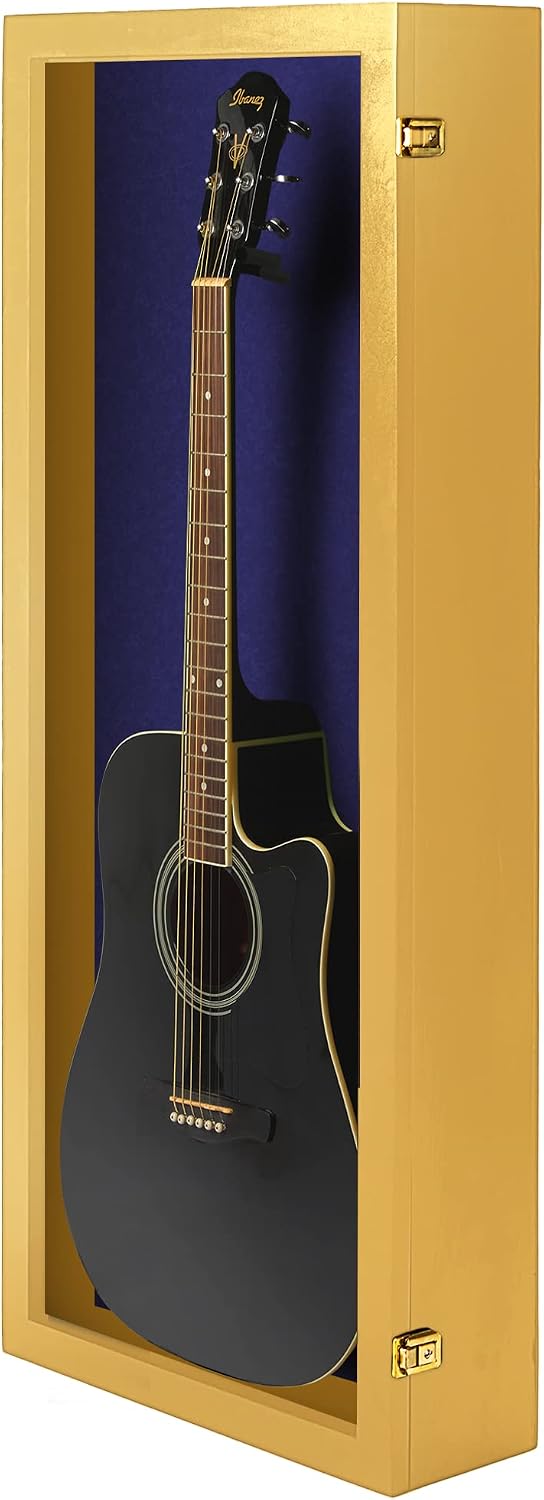 PENNZONI Acoustic Guitar Display Case - Acrylic Acoustic Guitar Case - Guitar Display Case Wall Mount Made from Hardwood Frame & Clear Acrylic - Golden Oak w/Felt Blue