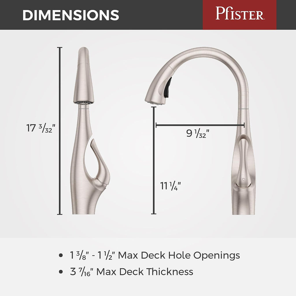 Pfister Indira Kitchen Sink Faucet with Pull Down Sprayer and Soap Dispenser Single Handle High Arc Spot Defense Stainless Steel Water-Efficient AccuDock F5297NDGS