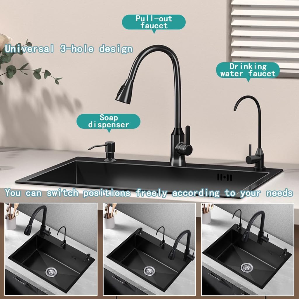 21.7 x 17.7 Inch Black Single Bowl Sink with faucet,Large Capacity Stainless Steel Drop In Kitchen Sink,Topmount Utility Workstation Sink With Multiple Accessories
