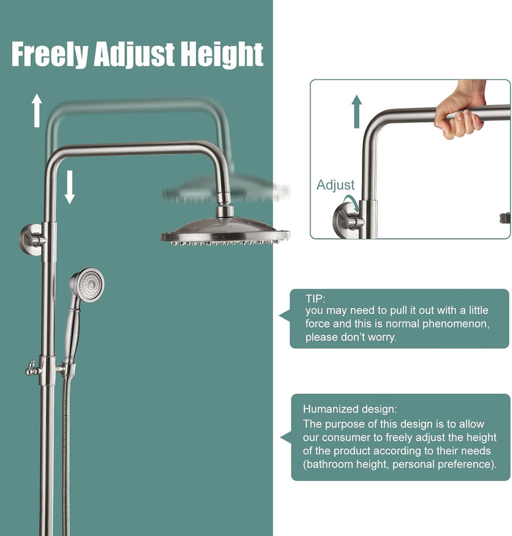 Heyalan Exposed Pipe Shower System Brushed Nickel 8 Inch Rainfall Showerhead Shower Faucet Fixture Combo Set Brass Single Handle with Hand Sprayer Adjustable Slide Bar Dual Functions