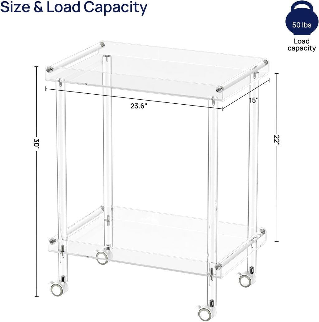 HMYHUM Acrylic Bar Cart, Rolling Serving Cart with 4 Lockable Wheels for the Home Bar, Kitchen, Living Room, Modern, 2-Tier, 23.6' L x 15' W x 30' H, Clear