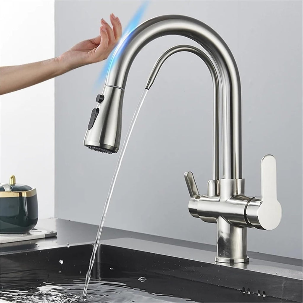Smart Sensor Pure Water Kitchen Faucet 2 Model Spout Taps Deck Mount Daul Handle Filtered Cold Hot Water Mixer(Brushed Nickel)