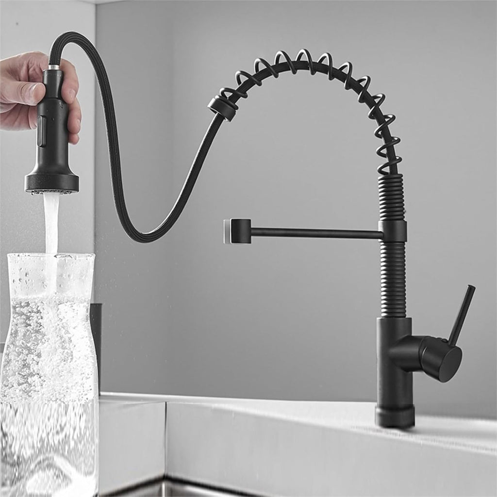 Brass Kitchen Faucet with Pull-Out Spring Spout-Single Lever Hot and Cold Water Mixer Tap(Black)