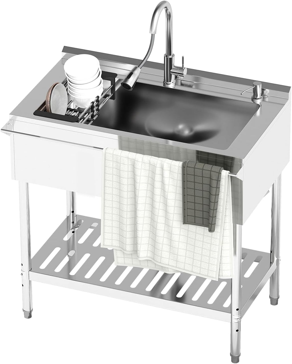 Stainless Steel Utility Sink, 30.8'' Free Standing Single Bowl Sink with Pull-Out Faucet & Cold and Hot Water Pipe & basket, Indoor and Outdoor Sink for Laundry Room, Garage, Kitchen, Silver