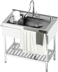 Stainless Steel Utility Sink, 30.8'' Free Standing Single Bowl Sink with Pull-Out Faucet & Cold and Hot Water Pipe & basket, Indoor and Outdoor Sink for Laundry Room, Garage, Kitchen, Silver
