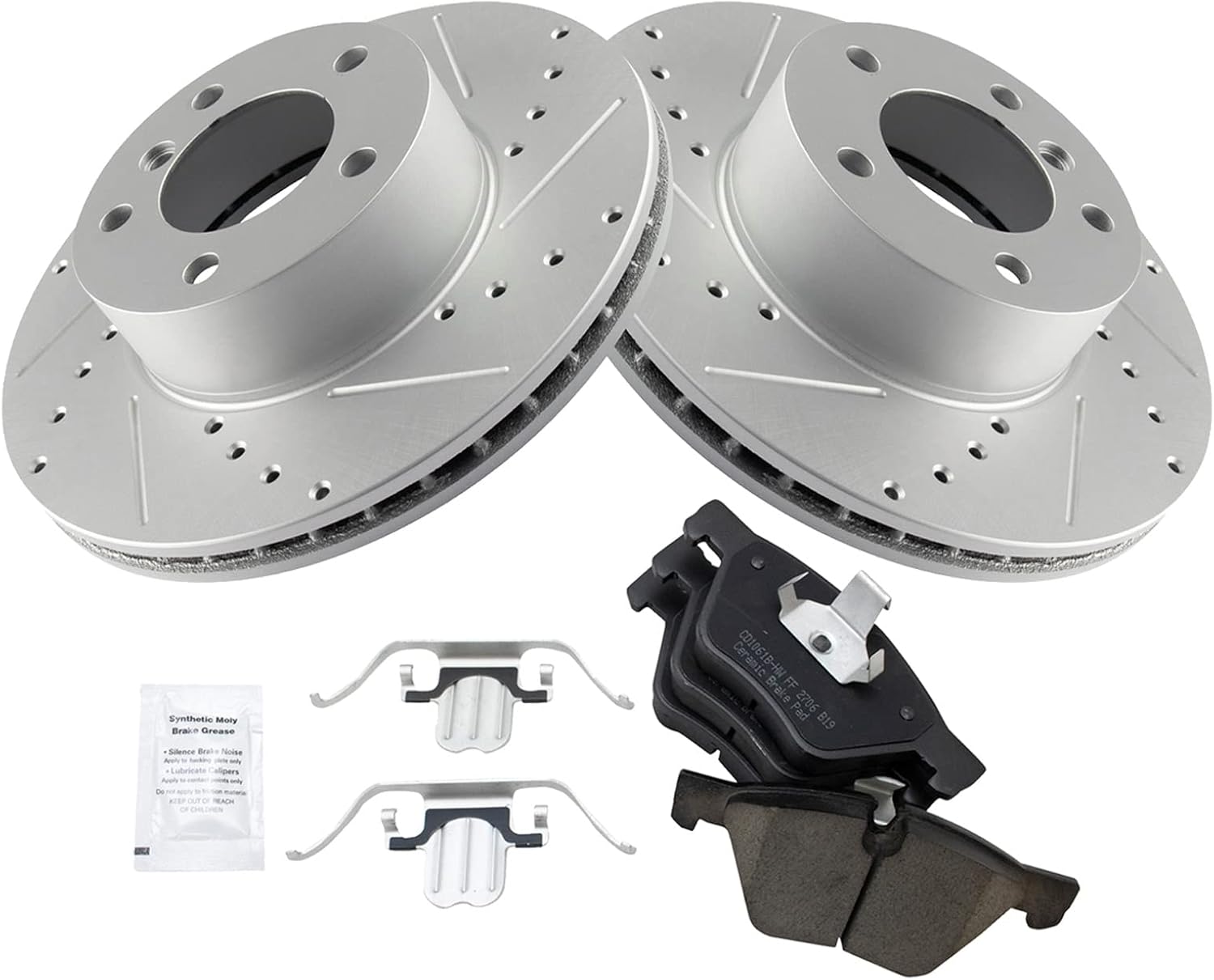 TRQ Performance Front Brake Pad and Rotor Set Ceramic Coated Drilled Slotted Compatible with 2008-2013 BMW 128i 2006 325i 325xi 2007 328i 328xi