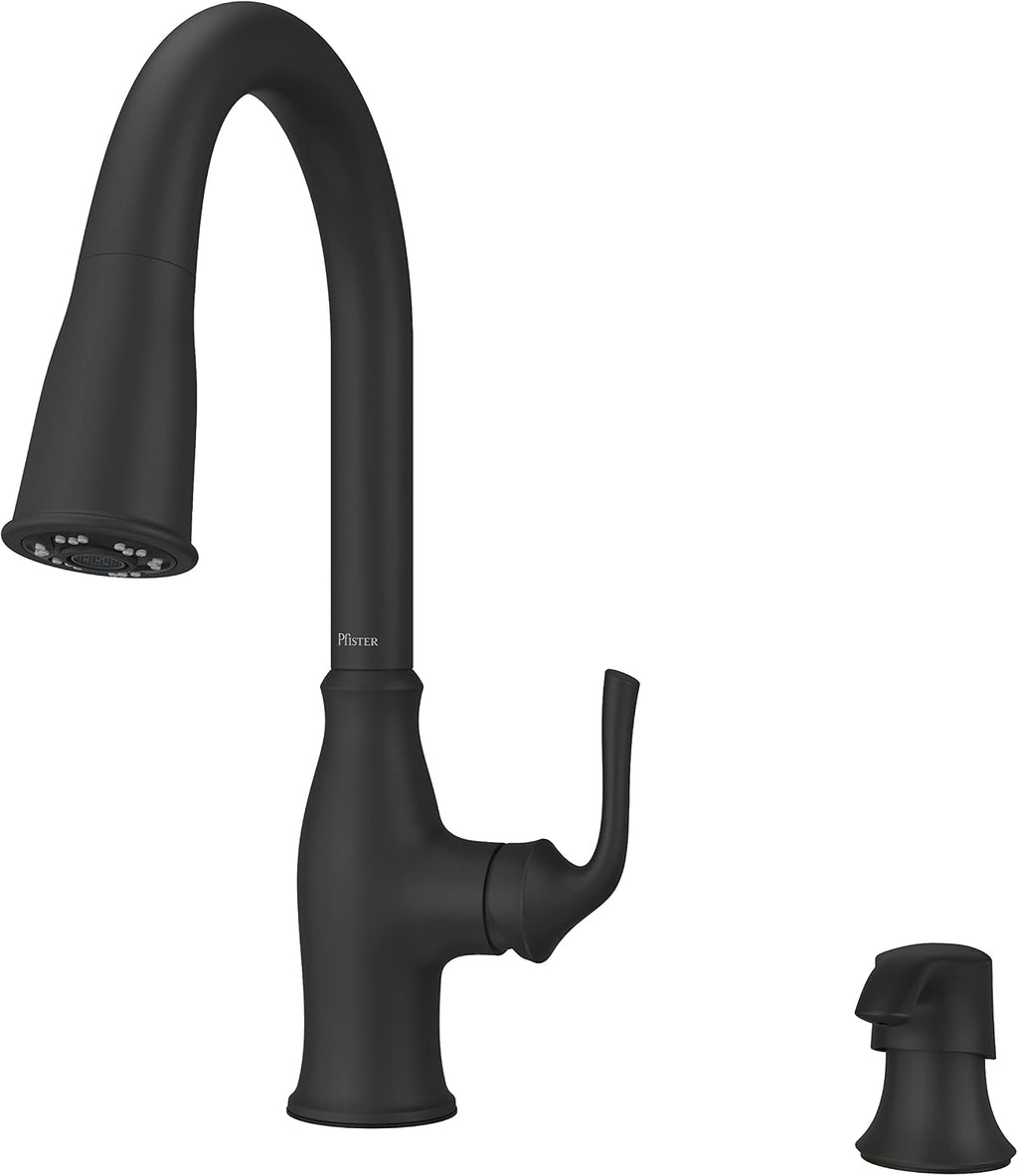 Pfister Rosslyn Kitchen Faucet with Pull Down Sprayer and Soap Dispenser, Single Handle, High Arc, NSF Certified, Matte Black Finish, F5297RSSRB