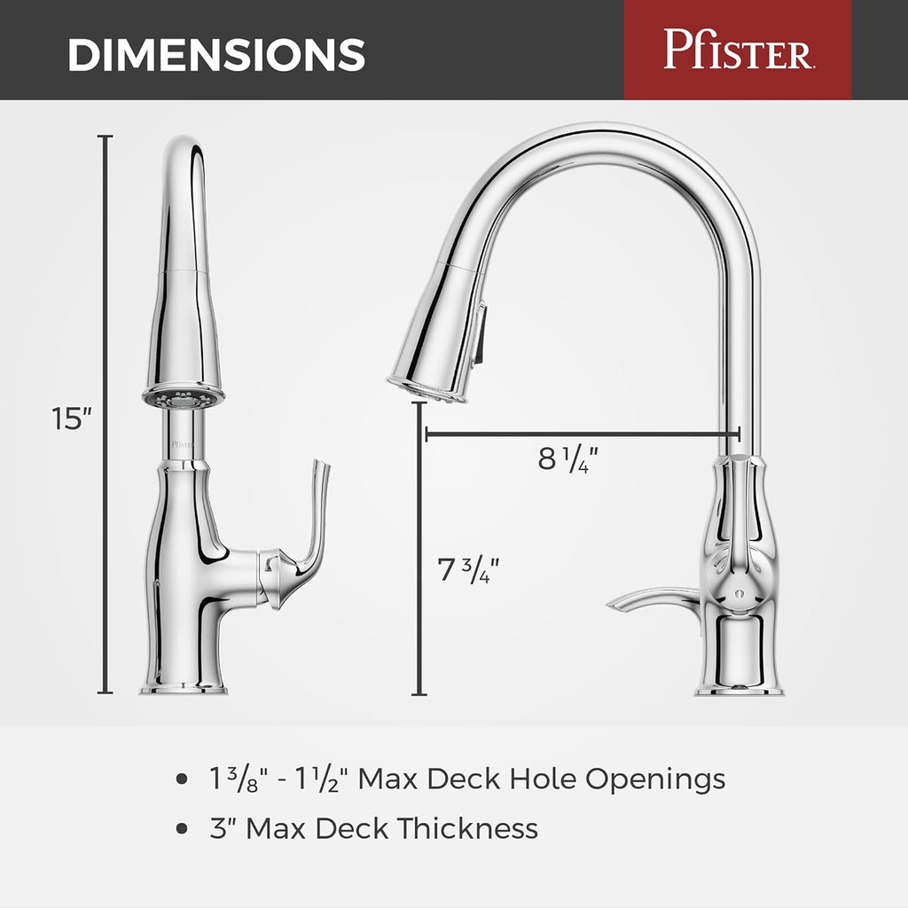 Pfister Rosslyn Kitchen Faucet with Pull Down Sprayer and Soap Dispenser, Single Handle, High Arc, NSF Certified, Polished Chrome Finish, F5297RSSRC