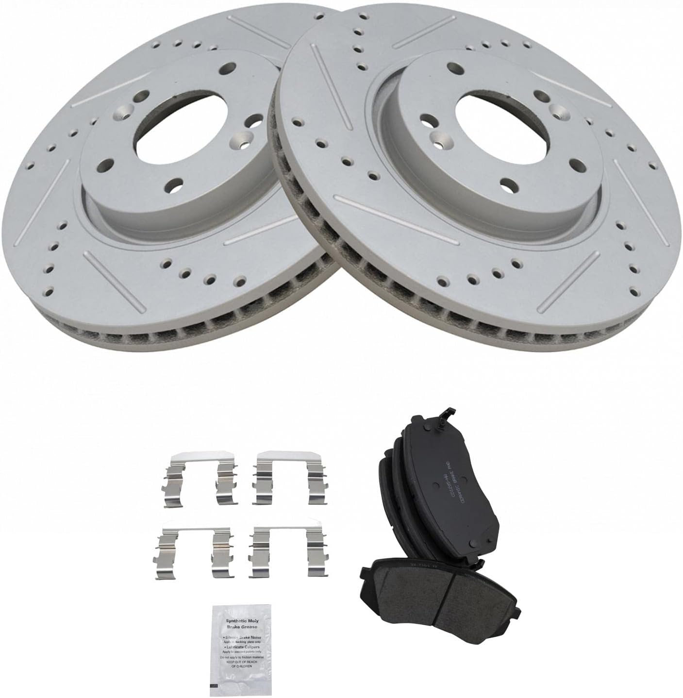 TRQ Performance Front Brake Pad and Rotor Set Ceramic Coated Drilled Slotted Rotors Compatible with 2010-2015 Hyundai Tucson 2011-2016 Kia Sportage